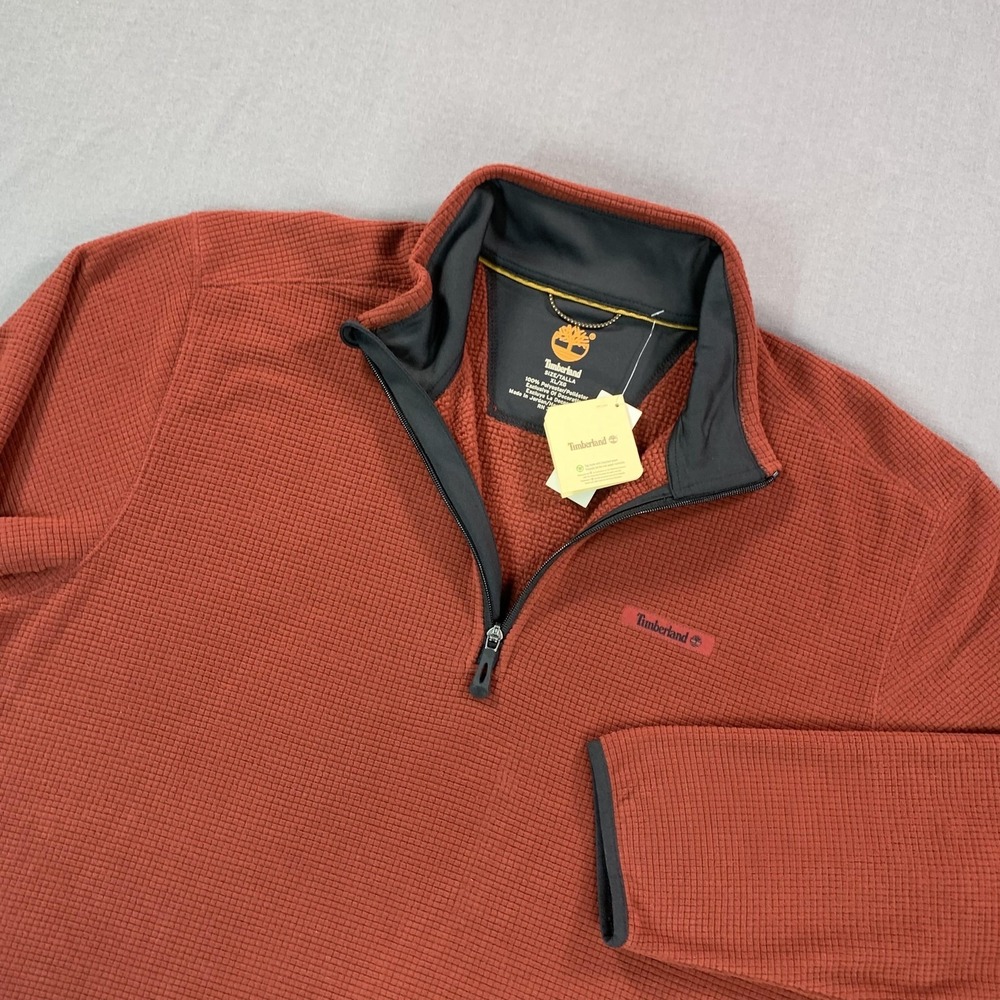 NEW Timberland Sweater Mens XL Red Waffle Knit 1/4 Zip Mock Neck Fleece Pullover